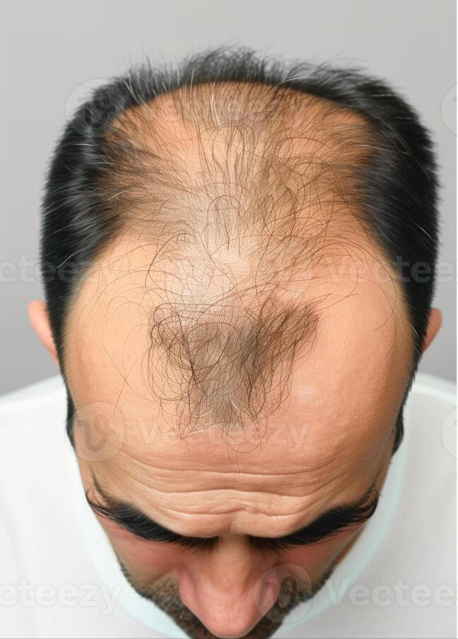 Before and after comparison of a man's hairline on a gray background