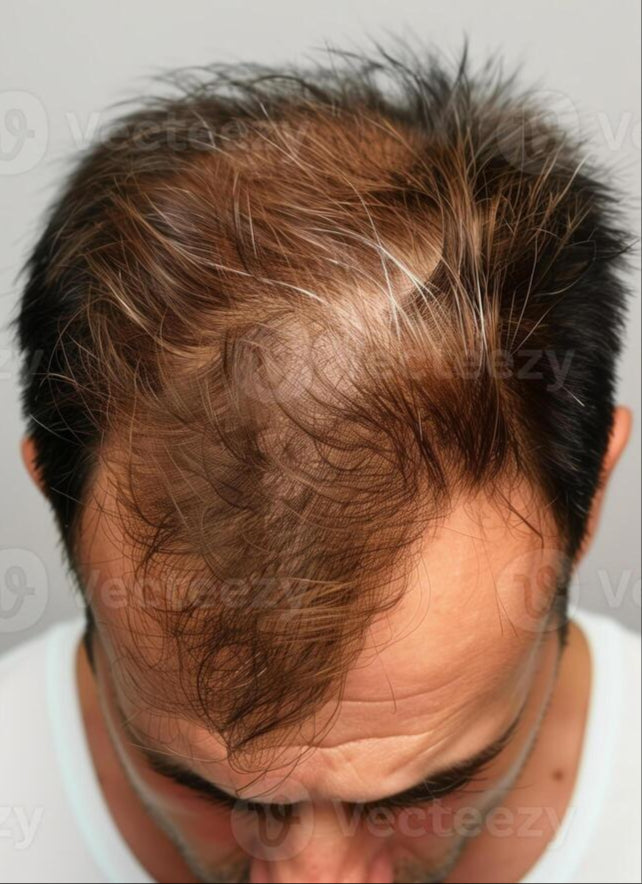 Before and after comparison of a man's hairline on a gray background