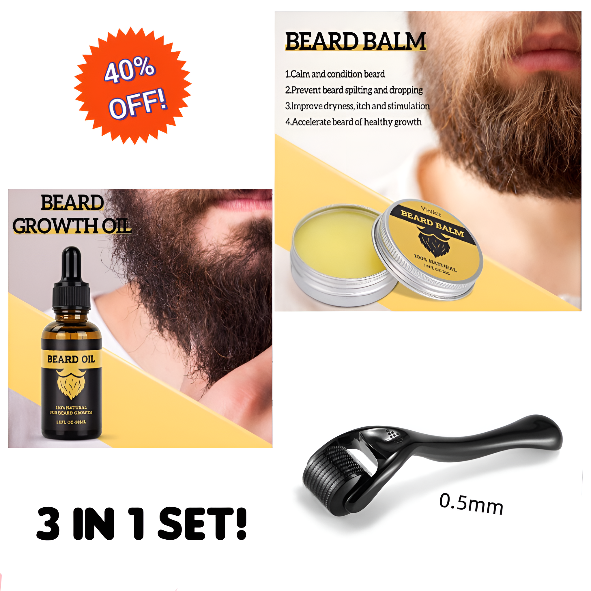 GLOW ROLLER™ Men’s Beard Growth Combo Pack – Derma Roller & Care Kit - The Glow Roller
